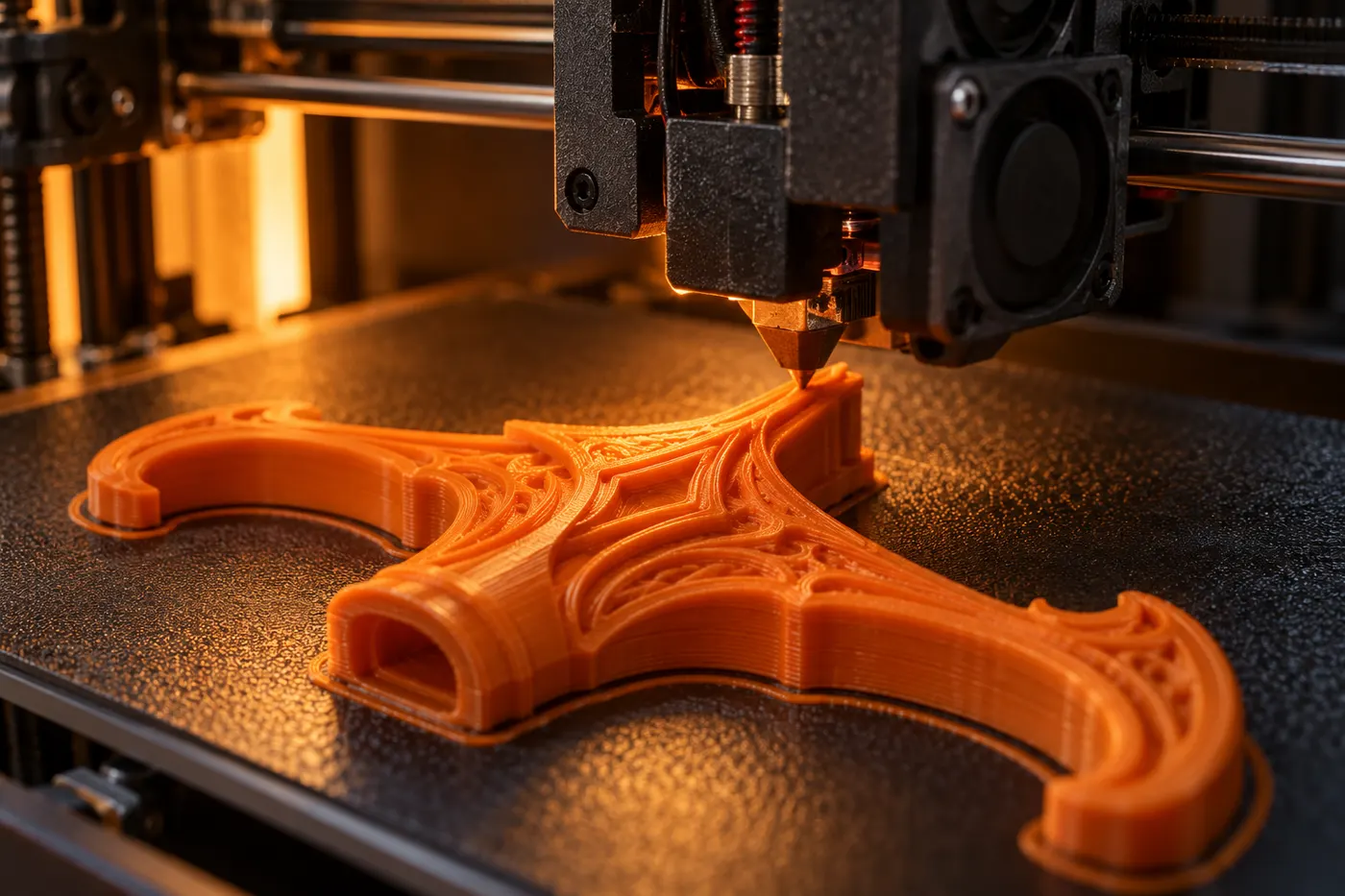 Een printer legt laag voor laag een oranje stootplaat neer