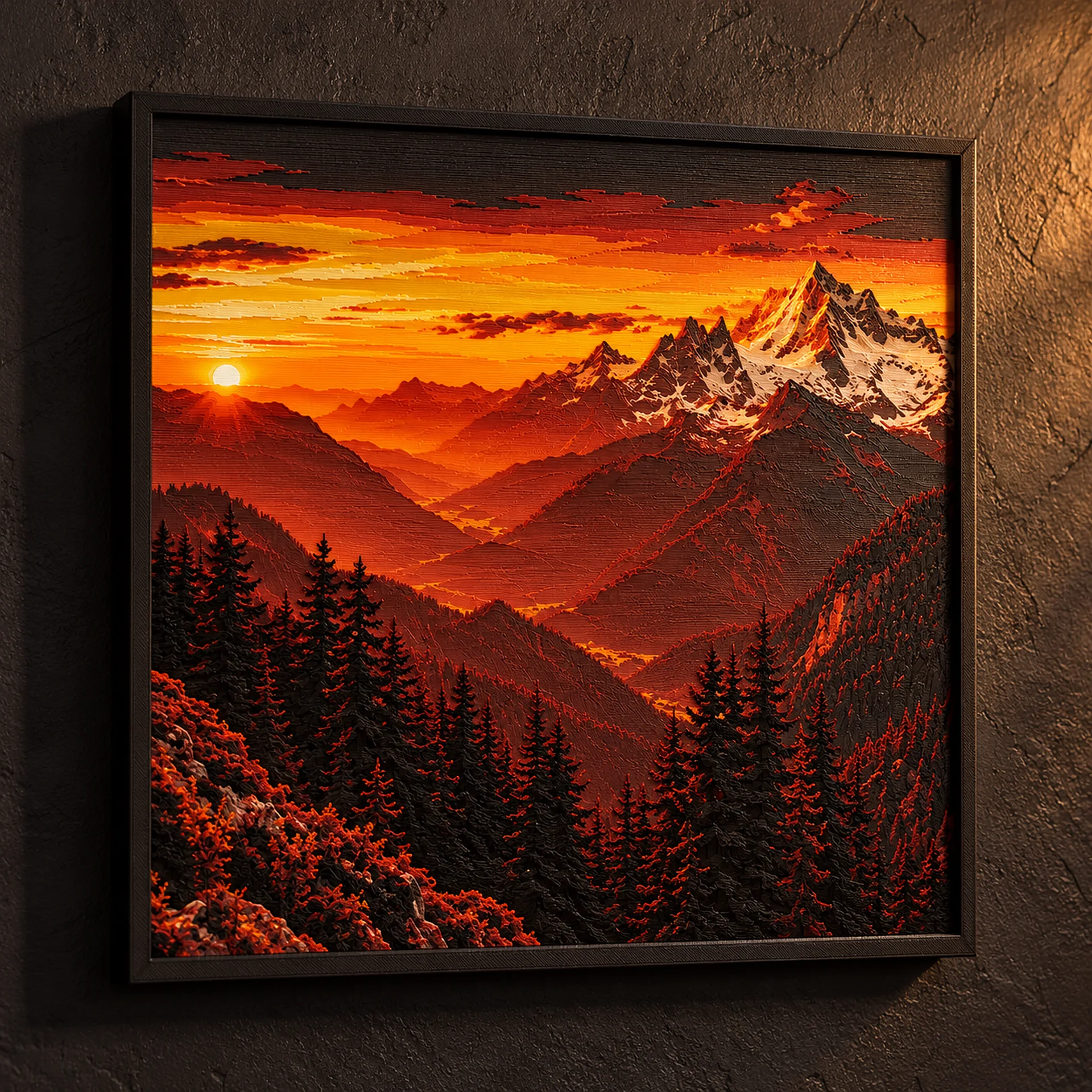 Filamentschilderij van een berglandschap in een zwarte lijst aan de muur