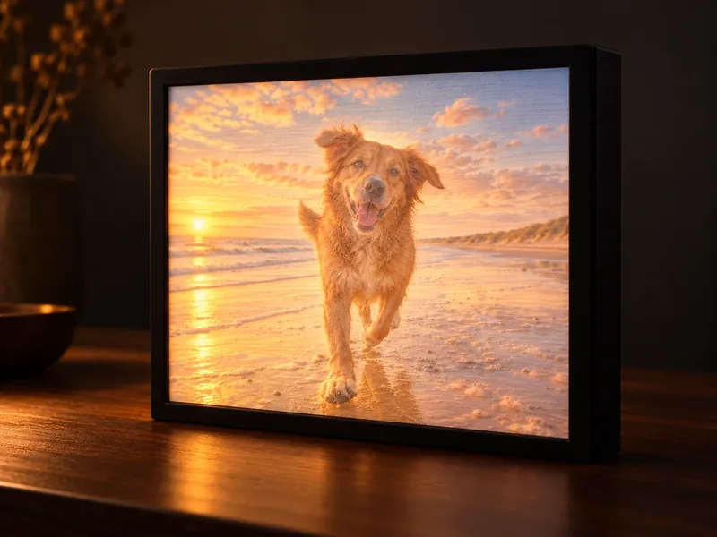 Gekleurde lithofaan van een hond op het strand, die gloeit in een zwarte lichtbak