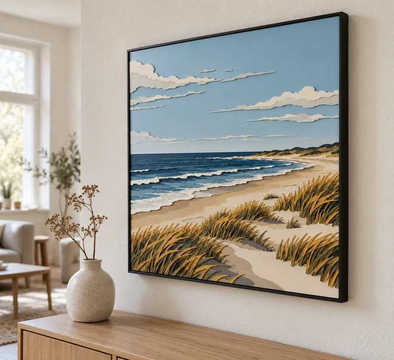 Gelaagd filamentschilderij van een strand met duinen, in een zwarte lijst aan een lichte muur, in daglicht